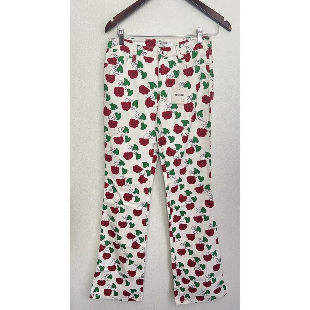 VTG 90s MOSCHINO White Flare Jeans Raspberry Leaf Print Red Green Y2K Cottage 26